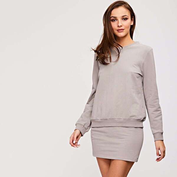 

Rib-knit Trim Solid Pullover & Skirt Set