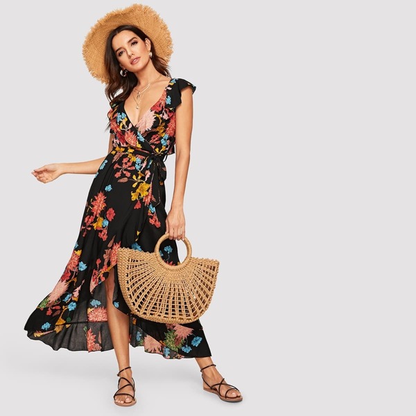 

Flounce Trim Belted Surplice Floral Dress