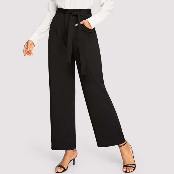 

Wide Leg Tailored Pants With Belt, Black