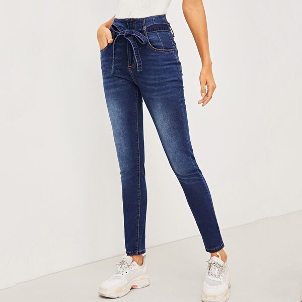 Bleach Wash Skinny Jeans With Belt