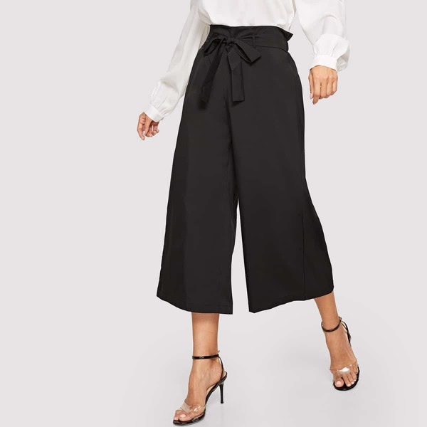 

Paperbag Waist Wide Leg Pants With Belt, Black