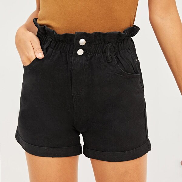 

Frilled Elastic Waist Pocket Side Button Front Denim Shorts