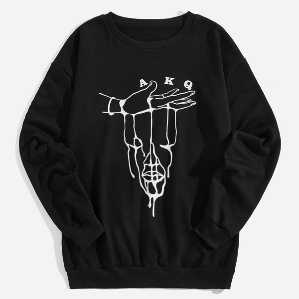 

Men Crew Neck Gesture & Letter Print Sweatshirt, Black