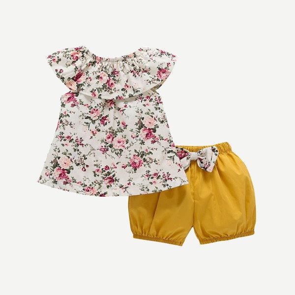 

Toddler Girls Floral Print Blouse With Bow Shorts, Multicolor