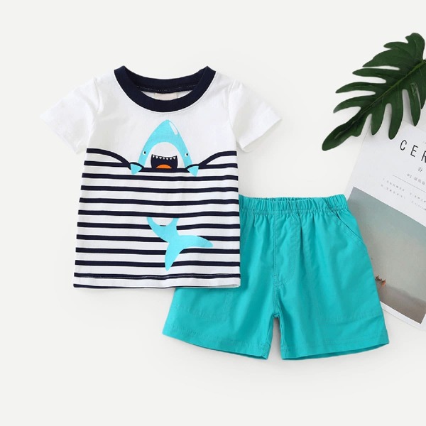 

Toddler Boys Shark Print Striped Tee With Shorts