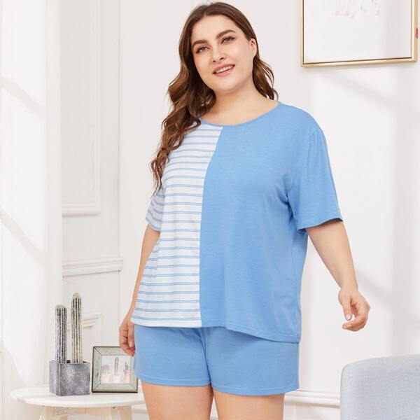 

Plus Striped Panel Pajama Set