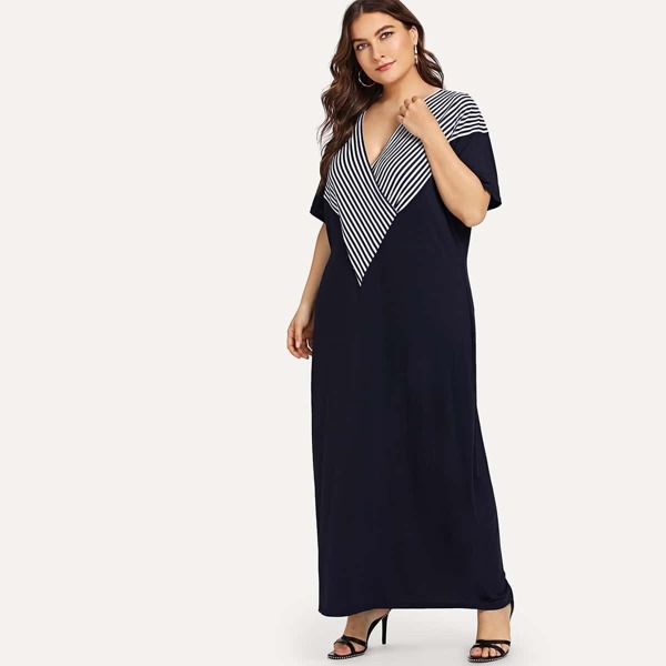 

Plus Surplice Front Striped Panel Dress