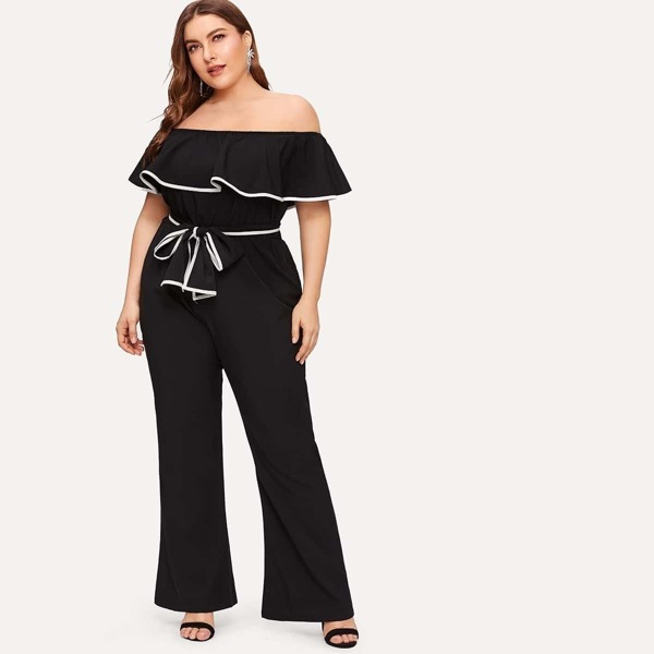 

Plus Off Shoulder Ruffle Contrast Trim Jumpsuit, Black