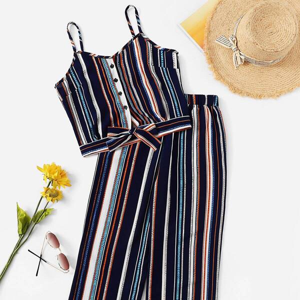 

Plus Button Front Striped Knot Cami Top With Pants