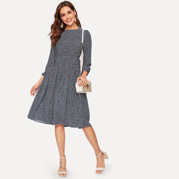 

Button Back Calico Dress, Navy