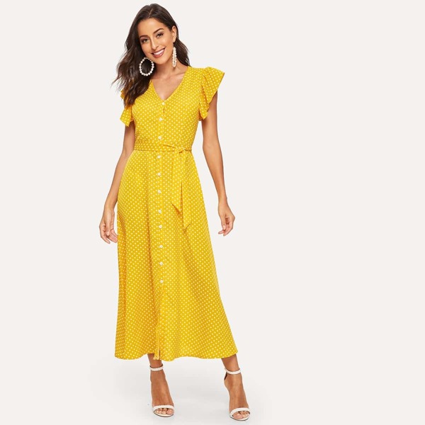 

Butterfly Sleeve Button Through Belted Polka Dot Dress, Yellow