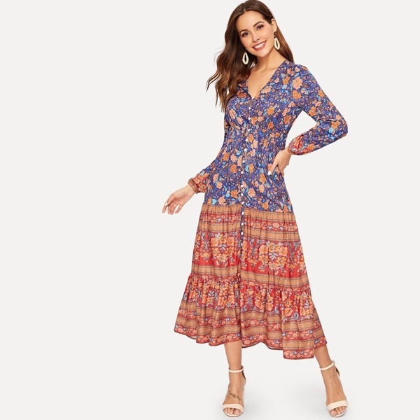 

Button Through Pephem Floral Midi Dress
