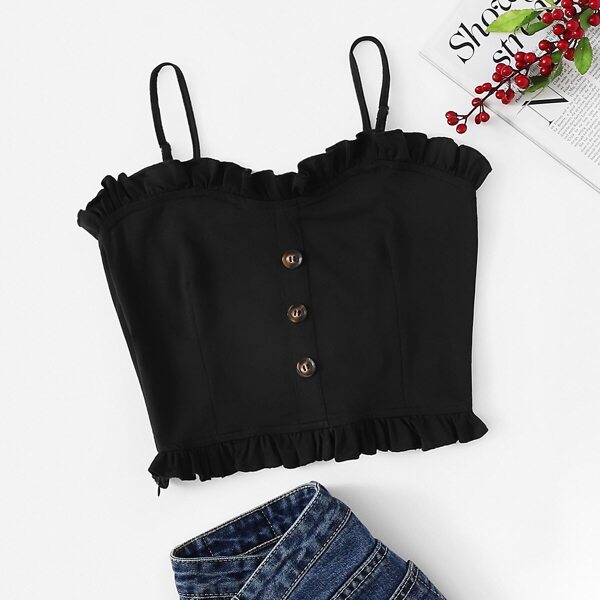 

Single-breasted Frill Trim Cami Top, Black