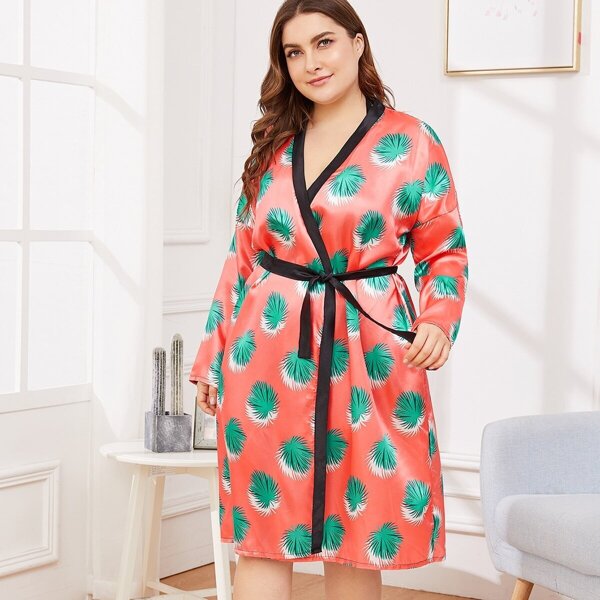 

Plus Plant Print Self-tie Night Dress, Red