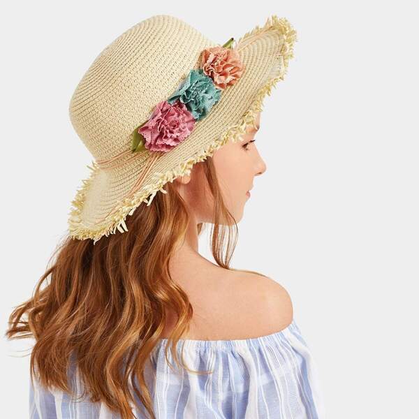 

Toddler Girls Flower Decor Floppy Hat, Beige