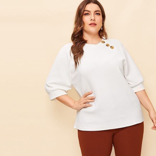 

Plus Buttoned Neck Raglan Sleeve Textured Top