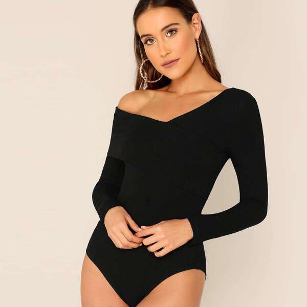 

Asymmetrical Neck Foldover Front Rib-knit Bodysuit