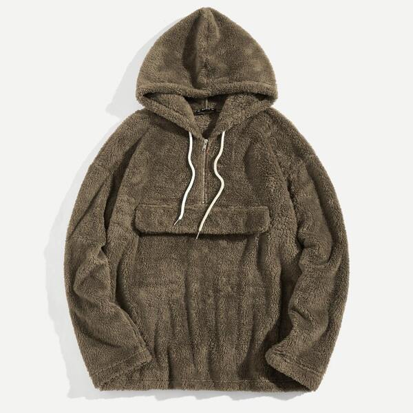

Men Zip Front Drawstring Hoodie Teddy Jacket, Army green