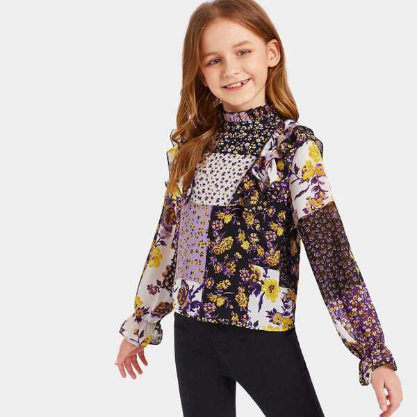 

Girls Frilled Neck Ruffle Trim Colorblock Floral Blouse, Multicolor