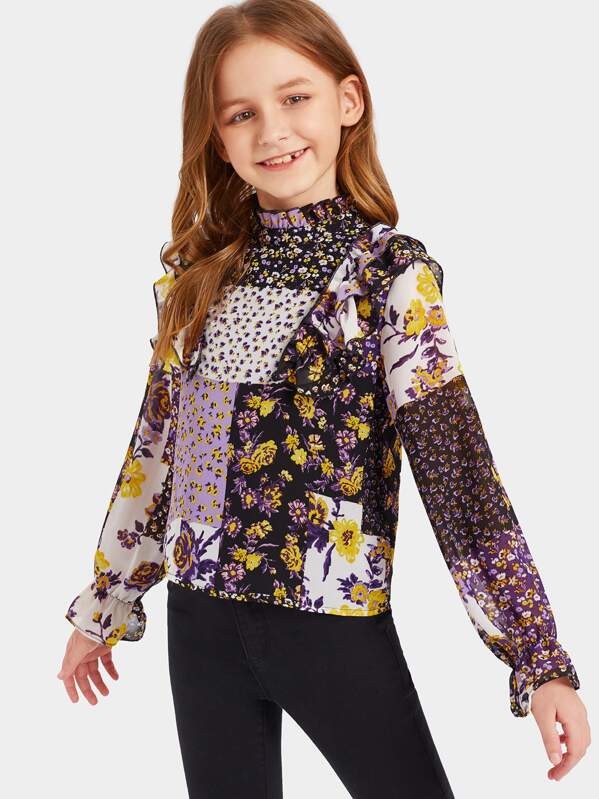

Girls Frilled Neck Ruffle Trim Colorblock Floral Blouse, Multicolor