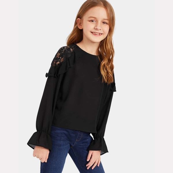 

Girls Ruffle Trim Lace Shoulder Top