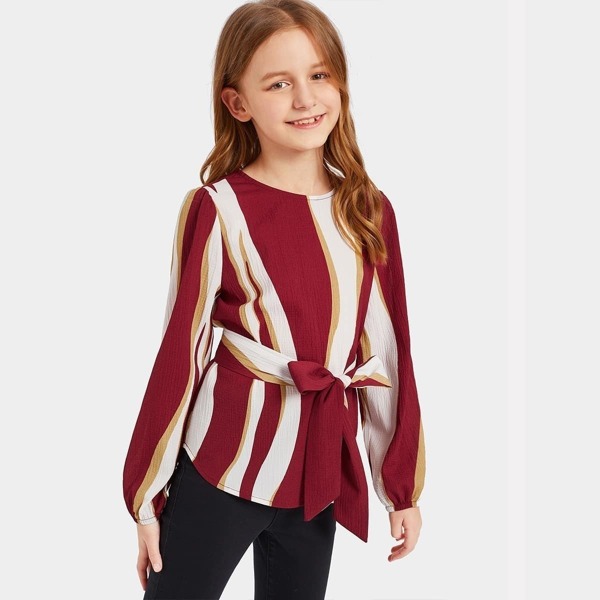 

Girls Waist Belted Color Stripe Top