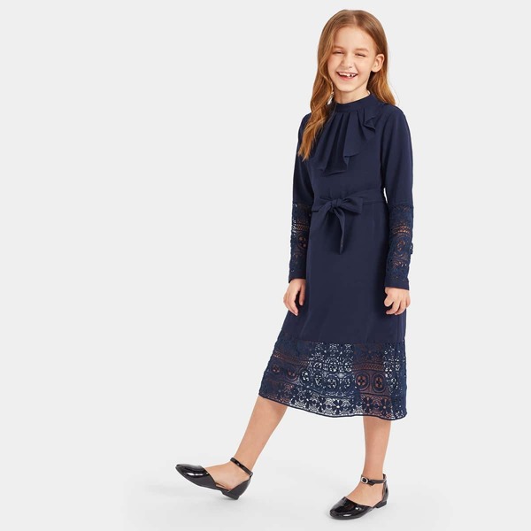 

Girls Jabot Collar Lace Trim Belted Dress