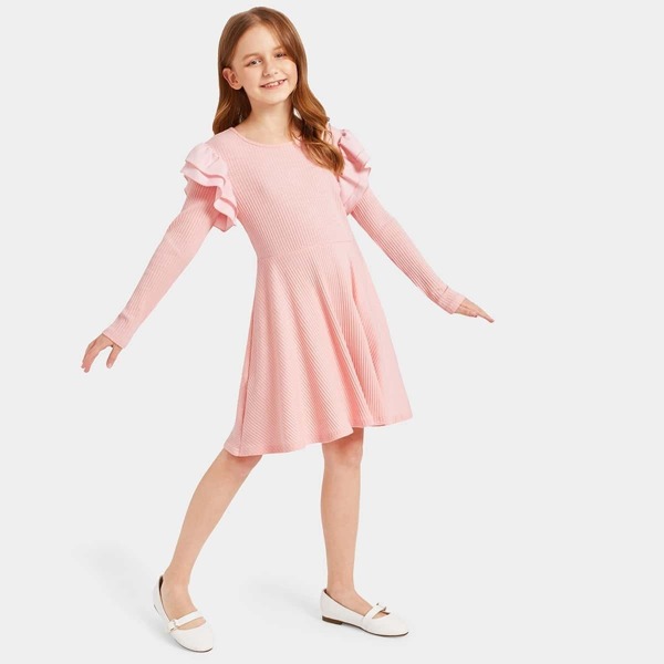 

Girls Ruffle Trim Rib-knit Dress
