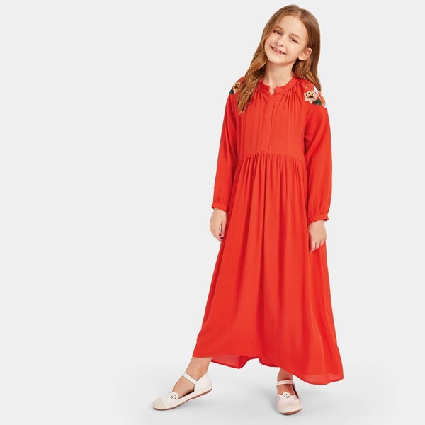 

Girls Half Placket Flower Embroidered Crinkle Maxi Dress, Orange bright