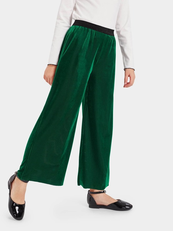 

Girls Contrast Waist Ribbed Velvet Palazzo Pants, Green