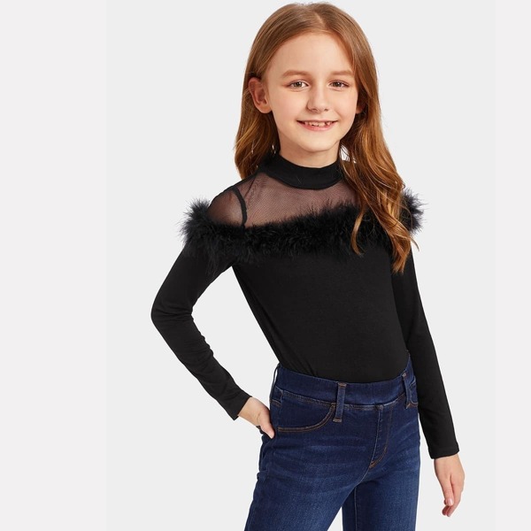 

Girls Mock Neck Faux Fur Trim Mesh Shoulder Top, Black