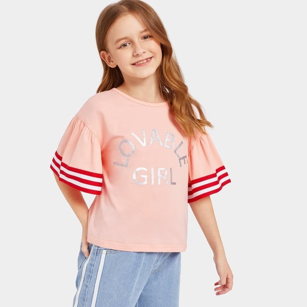 

Girls Silver Print Drop Shoulder Striped Sleeve Top, Pink
