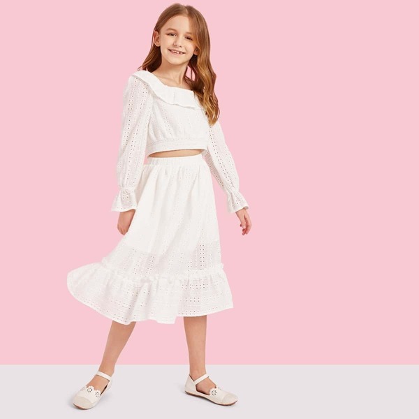

Girls Ruffle Trim Eyelet Embroidered Crop Top & Skirt Set, White