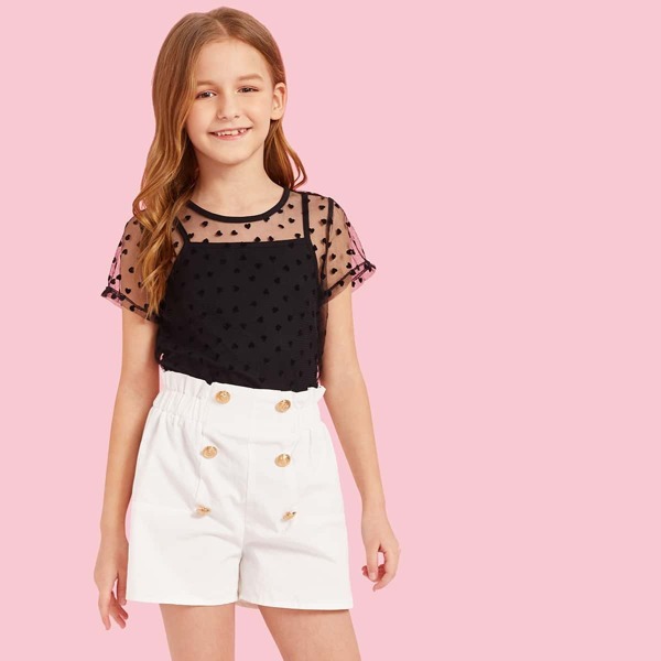 

Girls Heart Mesh 2 in 1 Top & Double Breasted Shorts Set
