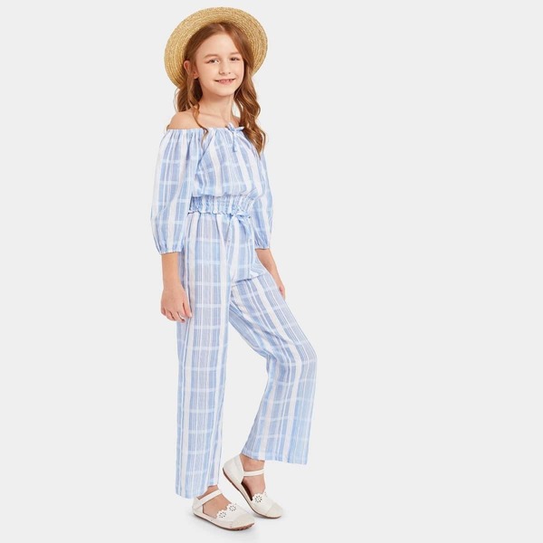 

Girls Off Shoulder Plaid Smocked Top & Pants Set, Blue pastel