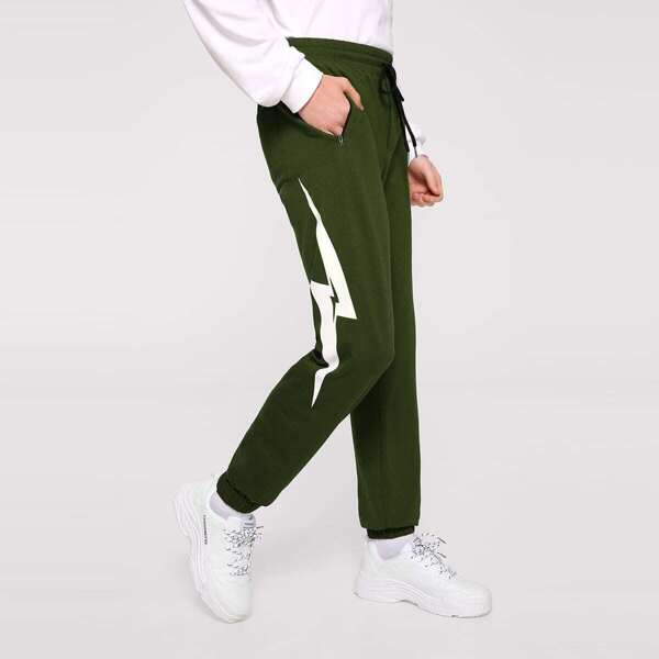 

Men Elastic Waist Lightning Print Sweatpants
