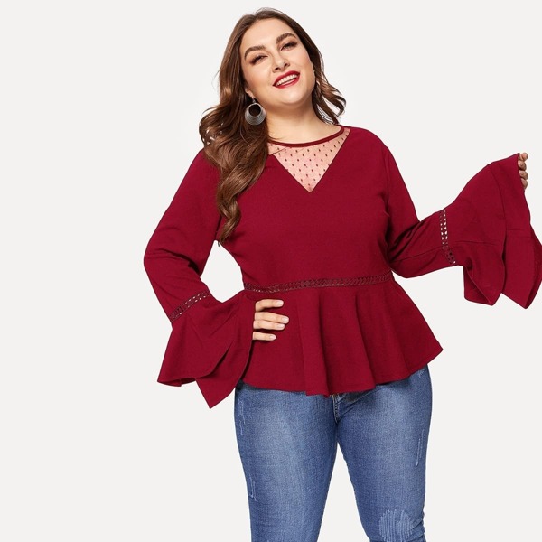 

Plus Mesh Neck Lace Insert Bell Sleeve Peplum Top
