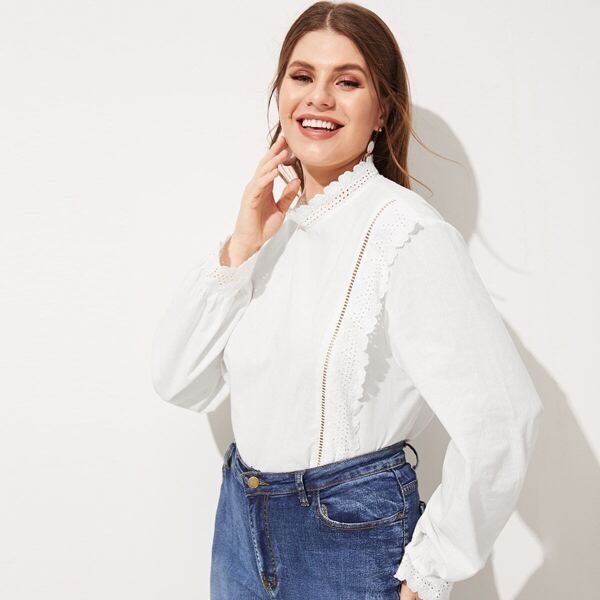 

Plus Lace Insert Eyelet Embroidered Ruffle Blouse, White