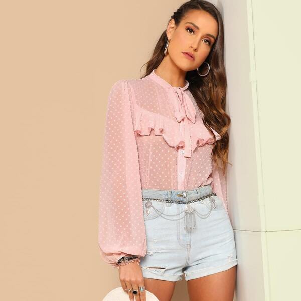 

Tie Neck Ruffle Front Swiss Dot Top, Pink pastel