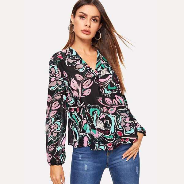 

V-placket Abstract Floral Blouse
