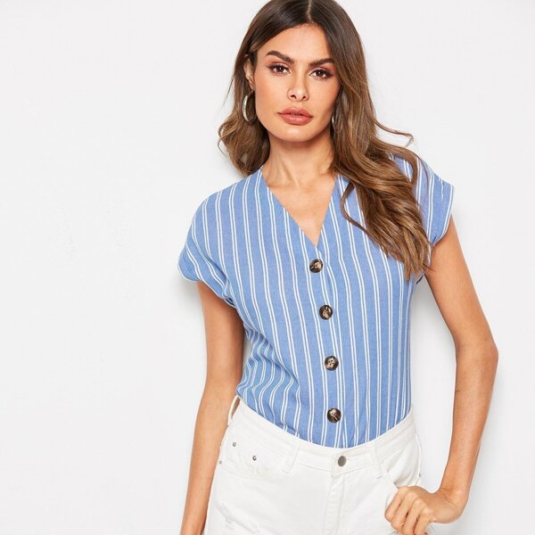 

Striped Rolled Sleeve Button Through Top