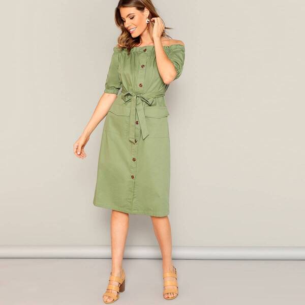 

Button Through Flap Pocket Belted Bardot Dress