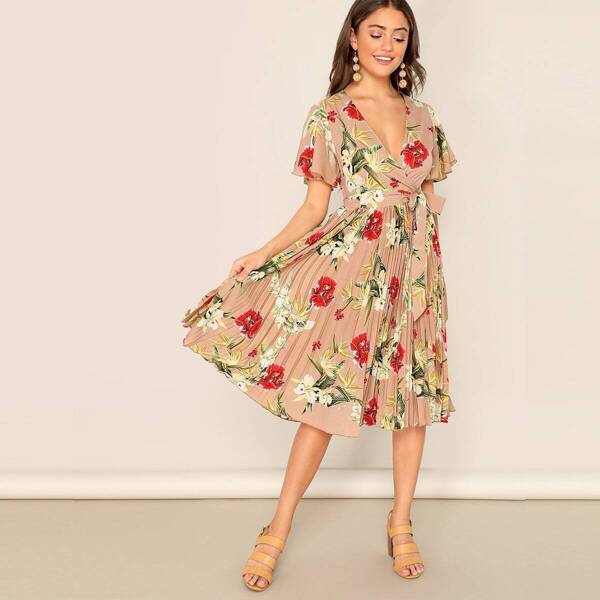 

Surplice Wrap Pleated Floral Tea Dress, Multicolor