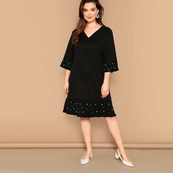 

Plus Pearl Embellished Pleated Ruffle Hem Dress