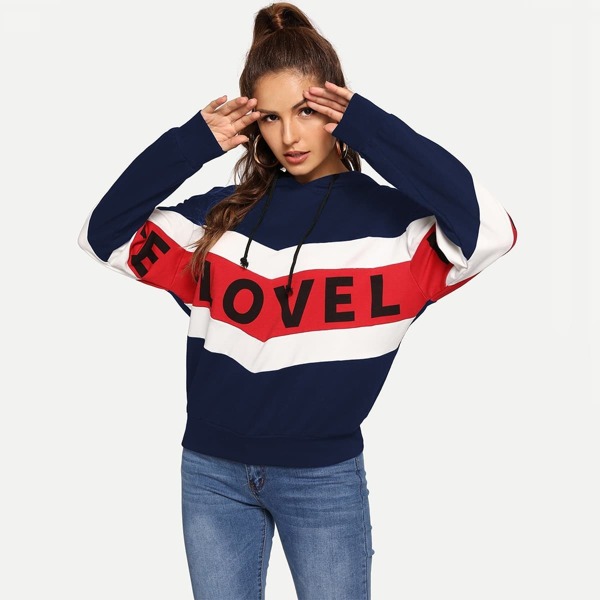 

Letter Print Chevron Hoodie, Multicolor