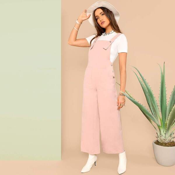 

Press Buttoned Detail Wide Leg Overalls, Pink pastel