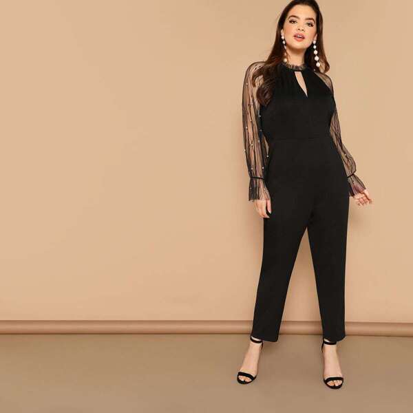 

Plus Keyhole Front Pearls Beaded Mesh Sleeve Jumpsuit