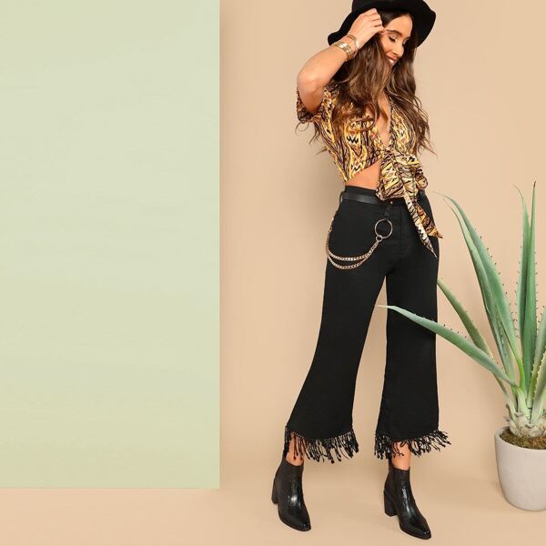 

Fringe Detail Solid Flare Pants, Black