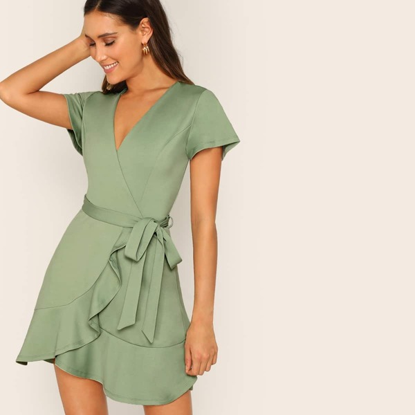 

Surplice Neck Wrap Ruffle Hem Belted Dress, Green pastel