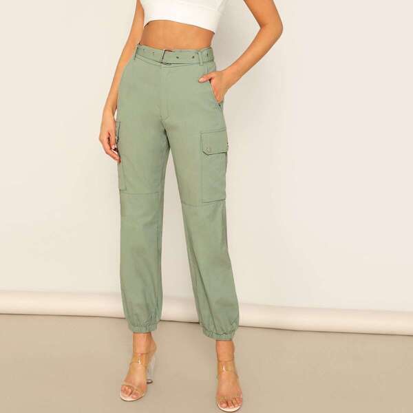 

Adjustable Belted Solid Cargo Pants, Green